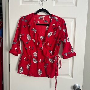 True Destiny Red Floral Wrap Blouse